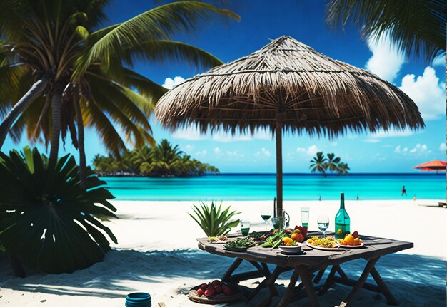 Een tropisch paradijs ontvouwt zich met een strandparaplu en uitnodigend water met vers fruit