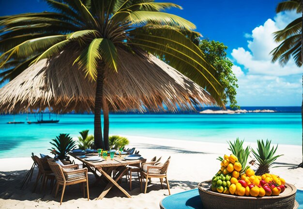 Foto een tropisch paradijs ontvouwt zich met een strandparaplu en uitnodigend water met vers fruit