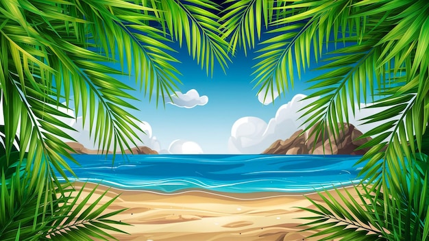 een tropisch strand met een palmboom en de oceaan op de achtergrond