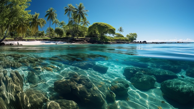 een tropisch strand met koel water en palmbomen in de stijl van fotorealistisch