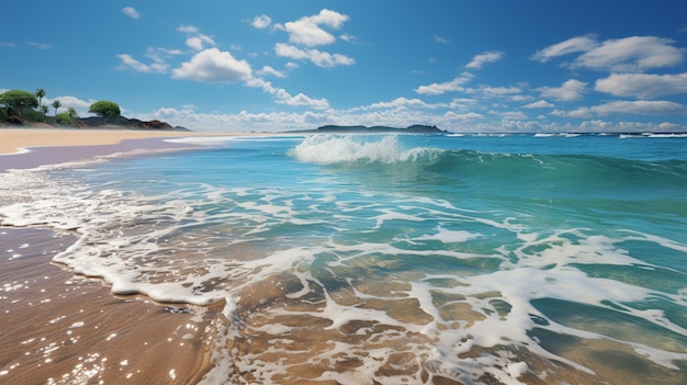 een tropisch strand met koel water en palmbomen in de stijl van fotorealistische landschappen panorama licht turquoise