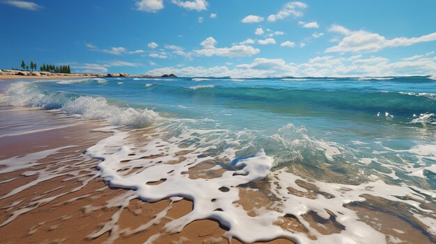 een tropisch strand met koel water en palmbomen in de stijl van fotorealistische landschappen panorama licht turquoise