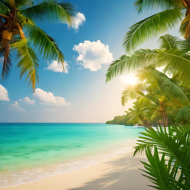 een tropisch strand met palmbomen en een blauwe lucht met de zon die door de wolken schijnt