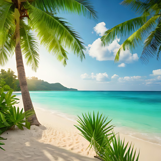 Foto een tropisch strand met palmbomen en een prachtig uitzicht op de oceaan