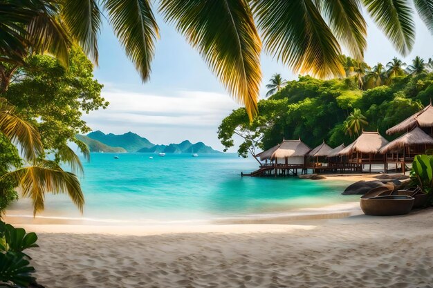 Een tropisch strand met palmbomen en een strand met uitzicht op de bergen op de achtergrond.
