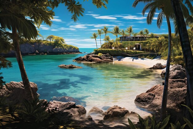een tropisch strand met palmbomen en een strand op de achtergrond