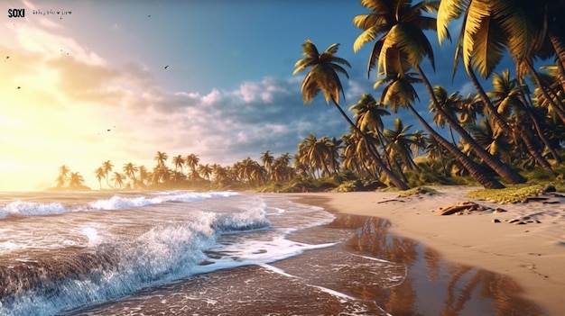 Een tropisch strand met palmbomen en een zonsondergang.