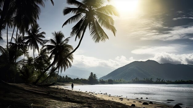 Een tropisch strand met palmbomen en helderblauw water