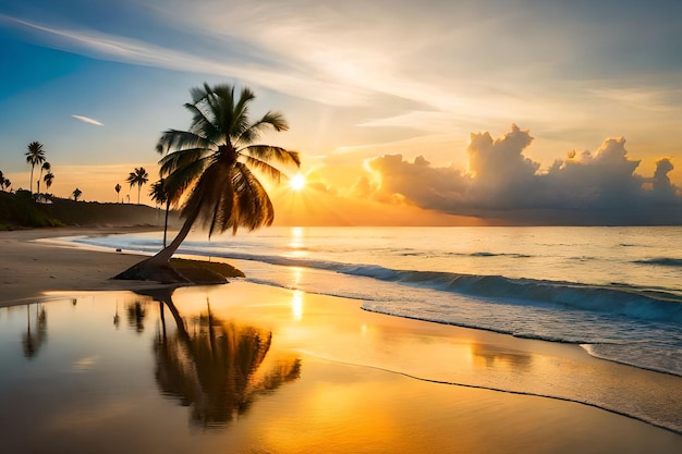 Een tropisch strand met palmbomen en ondergaande zon