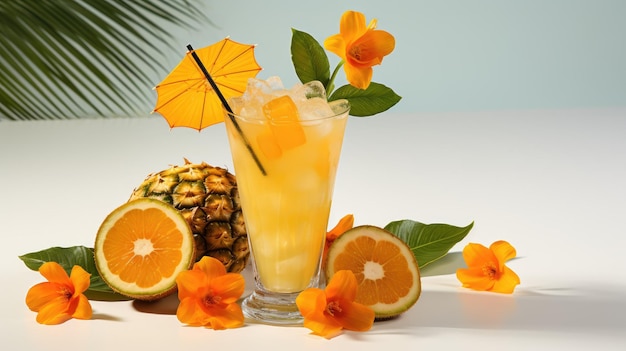 Een tropische cocktail met een decoratieve paraplu en vers fruit garnering
