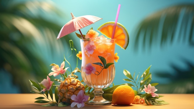 Een tropische cocktail met een kleine paraplu en fruit garnish