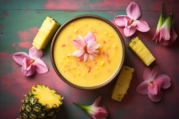 Een tropische fruit smoothie schaal met ananas stukjes erop