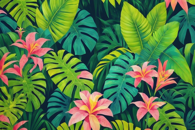Een tropische print met tropische bladeren en bloemen.
