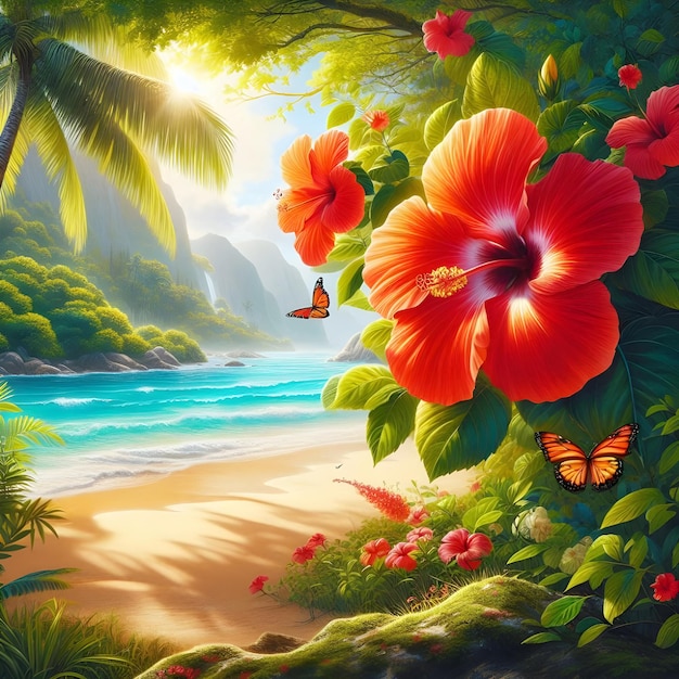 een tropische scène met bloemen en vlinders op een tropisch eiland