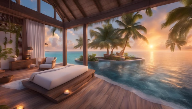 Foto een tropische scène met een bed en een palmboom op het strand