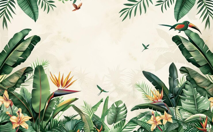 Foto een tropische scène met tropische planten en bloemen en vogels