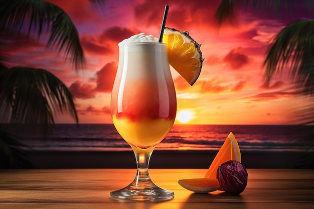 Een tropische zonsondergang met een cocktail in een glas en een stuk fruit op tafel.