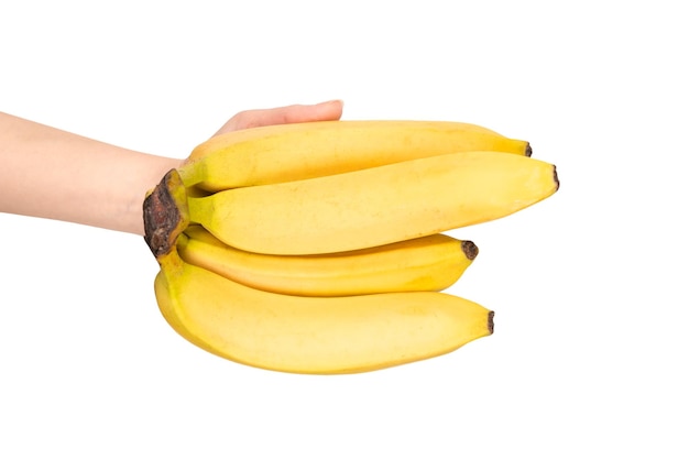 Een tros bananen in de hand van de vrouw geïsoleerd op een witte achtergrond