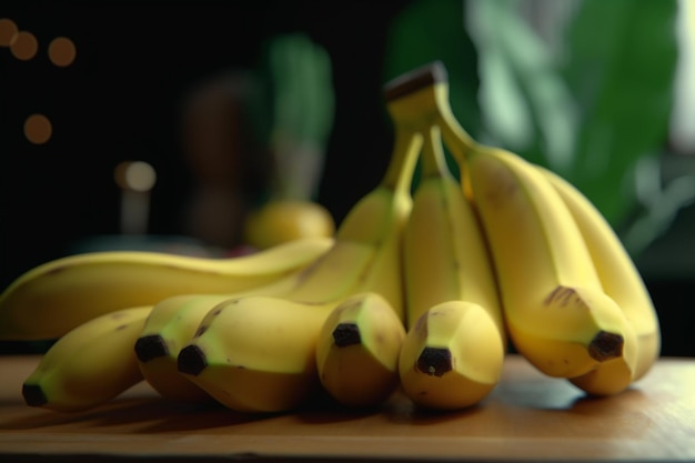 Een tros bananen ligt op een tafel met een groene achtergrond.
