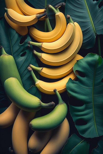 Foto een tros bananen staat op een blad met de tekst 