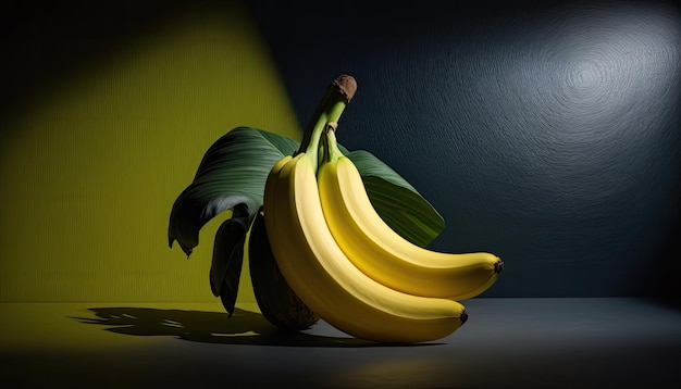 Een tros bananen zit op een tafel met daarachter een groene muur.