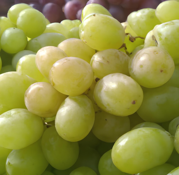 Een tros druiven is opgestapeld en één is groen.