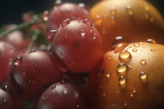 Een tros druiven met waterdruppels erop