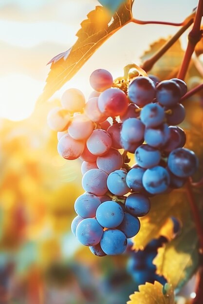 Een tros rijpe blauwe druiven in de warme gloed van de ondergaande zon hangt aan een wijnstok in een foto