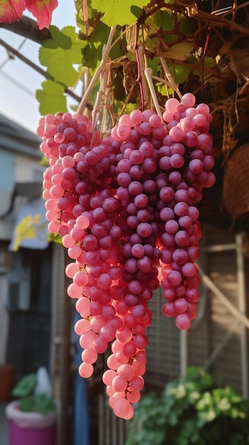 Een tros roze druiven die aan een wijnstok hangt