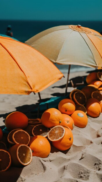 Een tros sinaasappelen bovenop een zandstrand Generatief AI-beeld