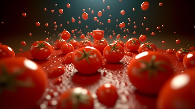 Een tros tomaten zweeft in de lucht.