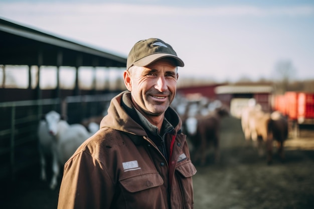 Foto een trotse veehouder staat voor de schuren.