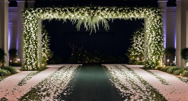 Een trouwceremonie in de open lucht met witte bloemen en groen