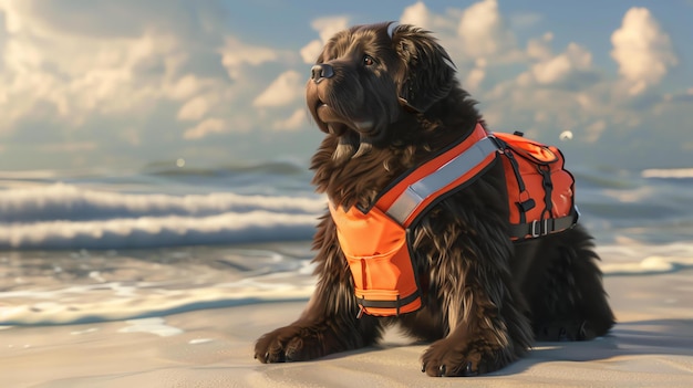 Een trouwe en vriendelijke Newfoundland-hond met een reddingsvest zit op het strand en kijkt uit naar de oceaan