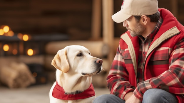 Een trouwe hond zit naast zijn eigenaar en waakt over hen terwijl ze werken. Het toont de onwrikbare loyaliteit en het vertrouwen tussen mensen en hun honden metgezellen.