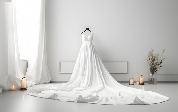 Een trouwjurk hangt aan een hanger met een lange sleep van wit satijn.
