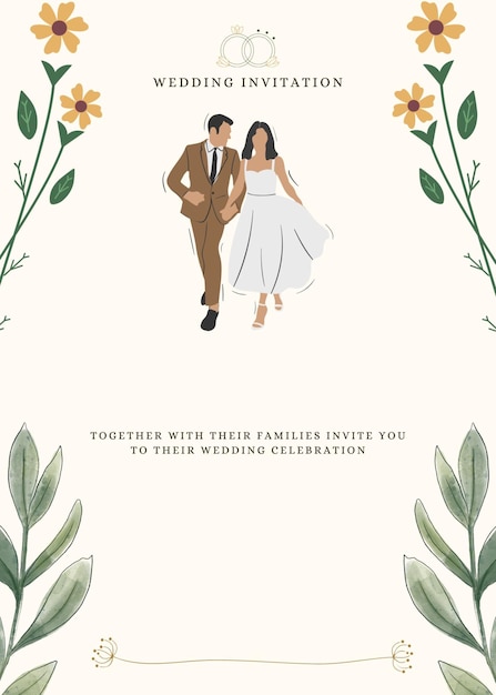 een trouwkaart met een stel erop en de woorden samen met bloemen en een bruid en bruidegom