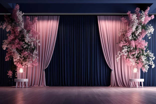 een trouwzaal met podiumruimte met bloemen en roze muren en verlichting