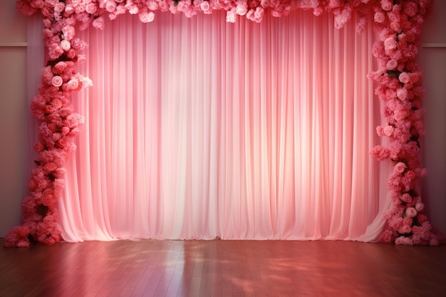 een trouwzaal met podiumruimte met bloemen en roze muren en verlichting