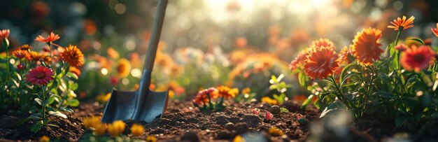 Foto een tuin met bloemen een schop en bloemen