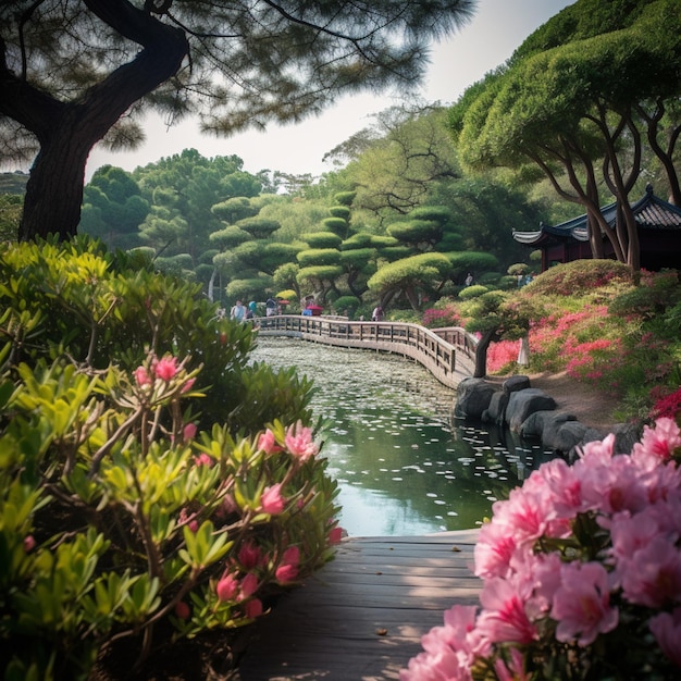 Een tuin met bloemen en een brug met een brug waarop "hibiscus" staat.