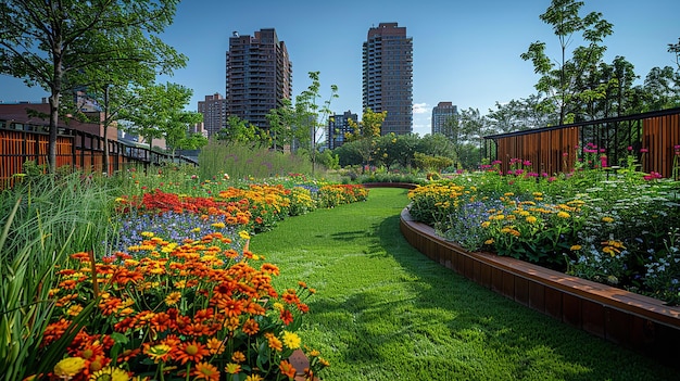 een tuin met bloemen en een gebouw op de achtergrond