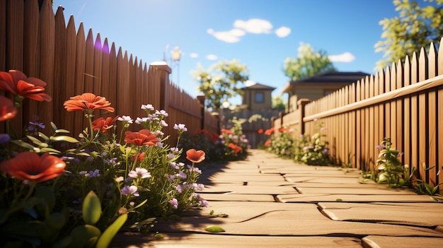 een tuin met bloemen en een mooie houten hekarchitectuurachtergrond