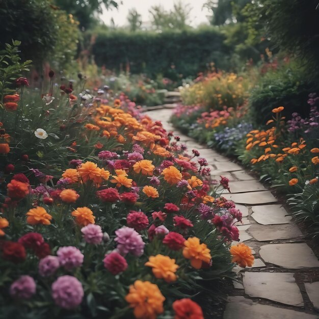 een tuin met bloemen en een pad dat zegt bloemen