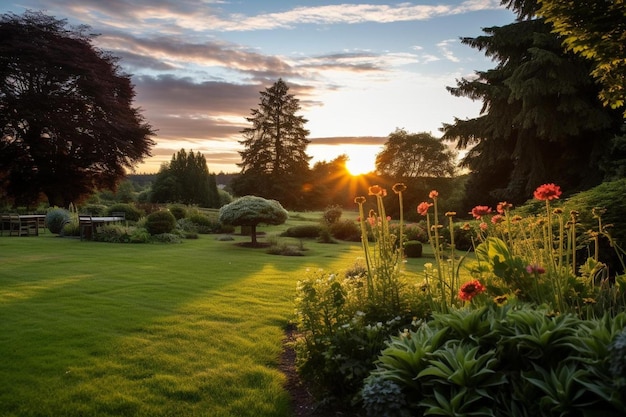 een tuin met bloemen en een zonsondergang op de achtergrond