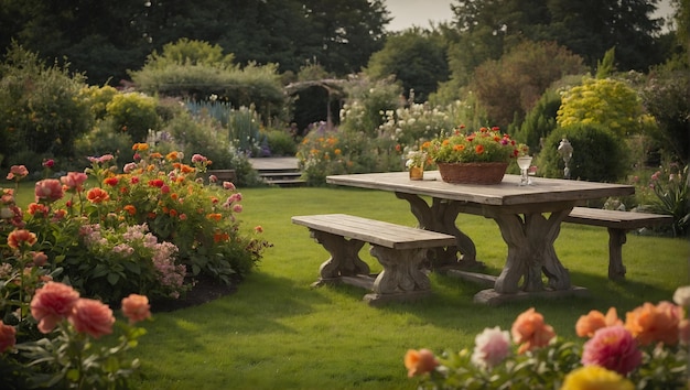 een tuin met een bank en bloemen en een picknicktafel