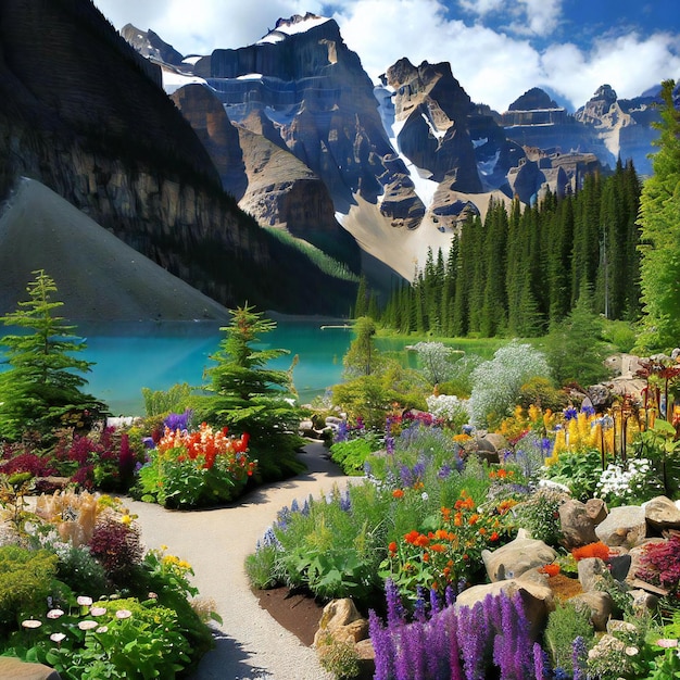 Een tuin met een berg op de achtergrond en een bloementuin met een blauw meer op de achtergrond.
