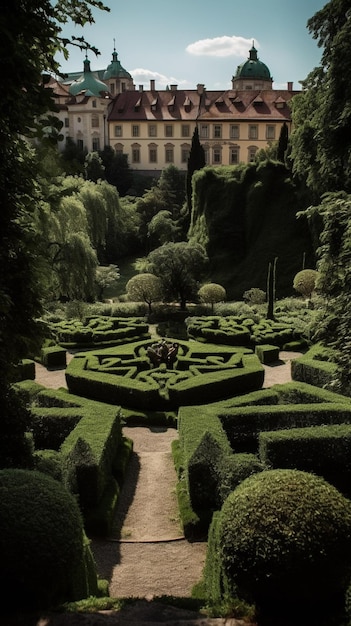 Een tuin met een groot doolhof in het midden en het gebouw erachter.