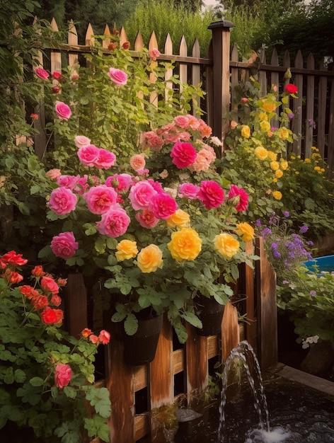 Een tuin met een hek en bloemen erin