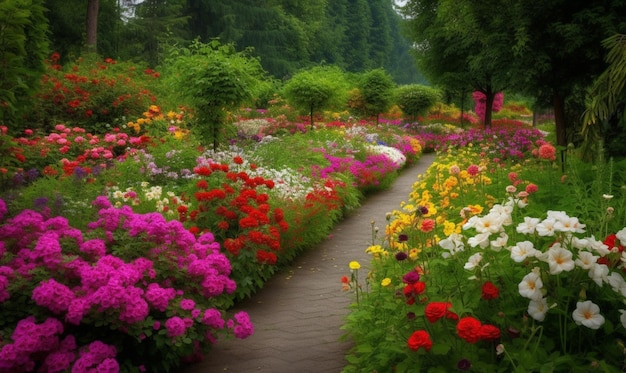 Een tuin met een pad waar bloemen in staan